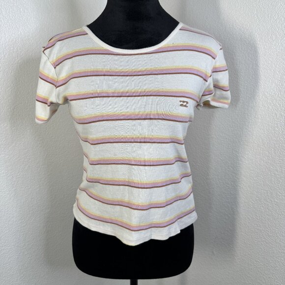 Billabong Womens Striped Short Sleeve Crewneck Top Size L White With Pink Yellow - Picture 1 of 5